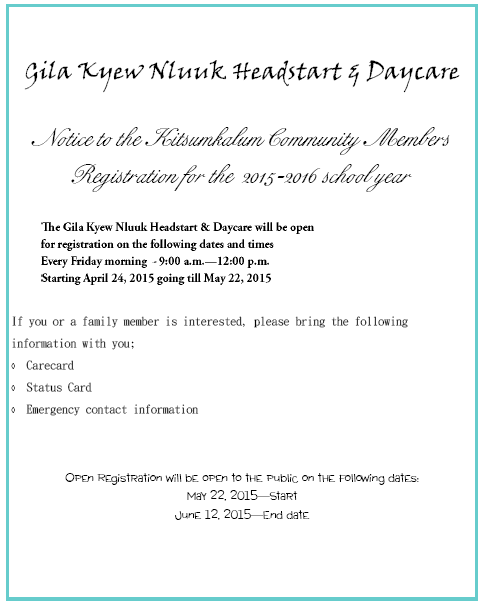 Registration open for Gila Kyew Nluuk Headstart & Daycare 2015-2016