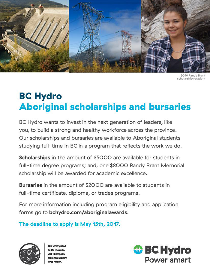 BC Hydro Aboriginal Scholarship and Bursary Program is now open for applications