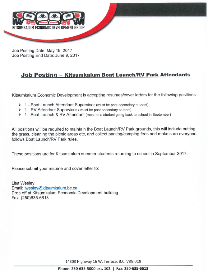 Job Posting: Kitsumkalum Boat Launch/ RV Park Attendants