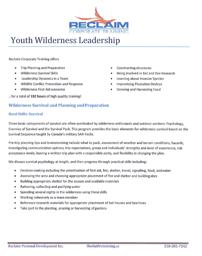 YOUTH – Leadership Skills & Wilderness Training