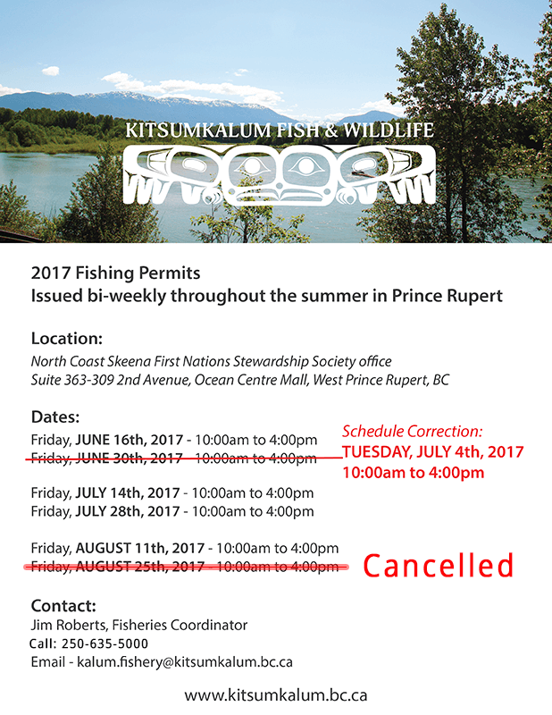 *UPDATE* Fish Permit Distribution Schedule June – August 2017 Prince Rupert Office Hours