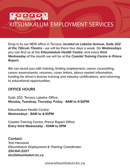 New office of the Kitsumkalum Employment Services located at the Tillicum Theater!