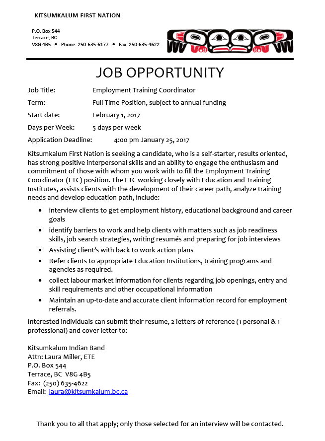 JOB OPPORTUNITY: Employment Training Coordinator