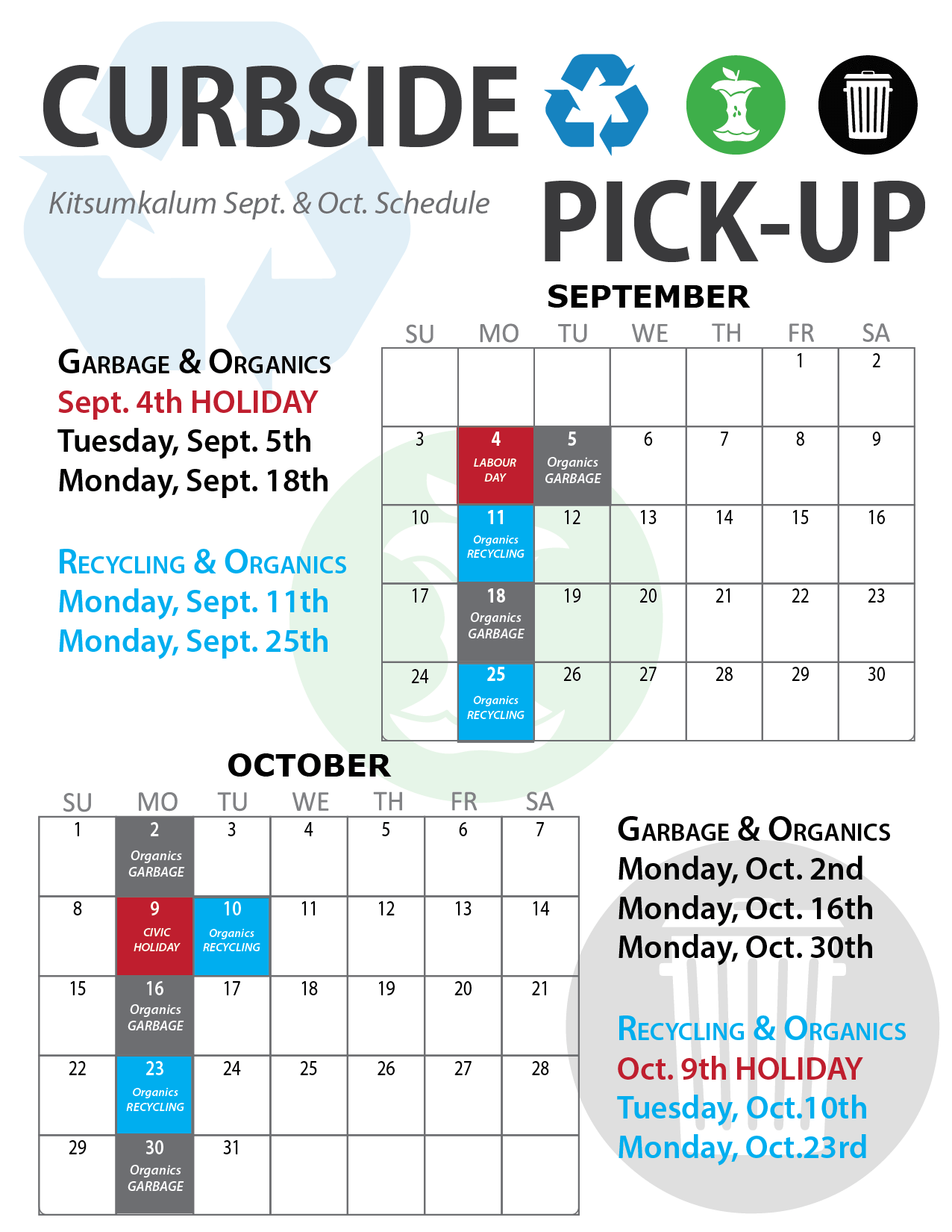 September & October Curbside Schedule Kitsumkalum, a Galts’ap
