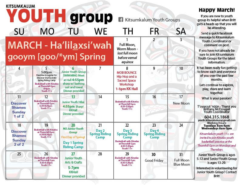 March Calendar – Kitsumkalum Youth Groups