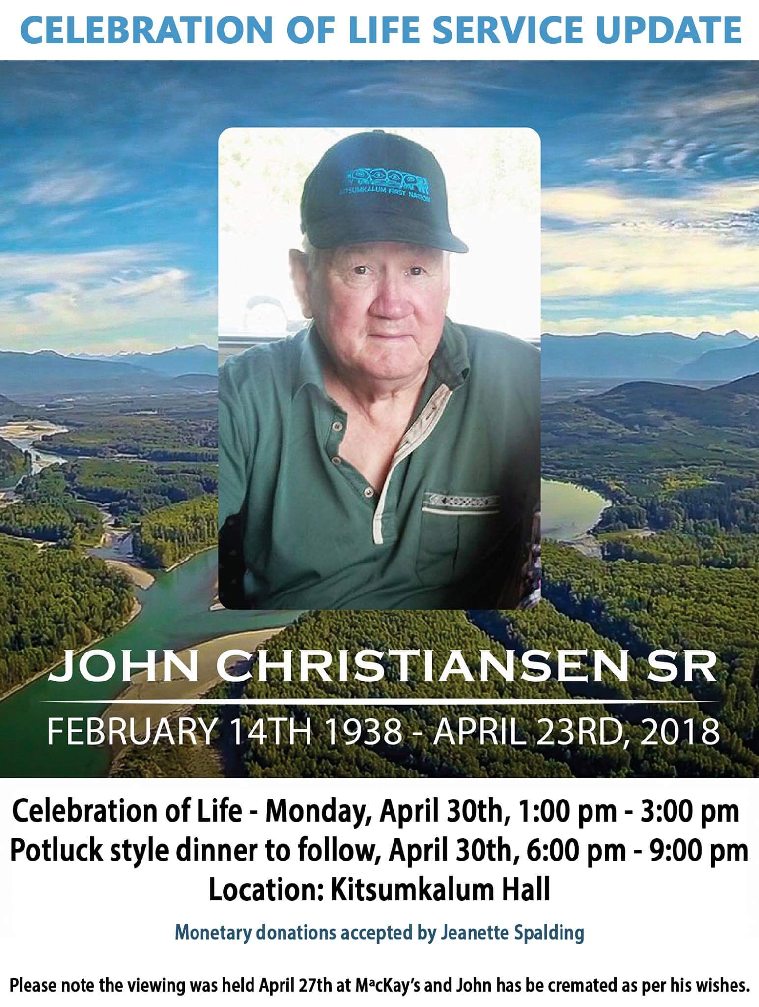 Celebration of Life – April 30th – John Christiansen SR