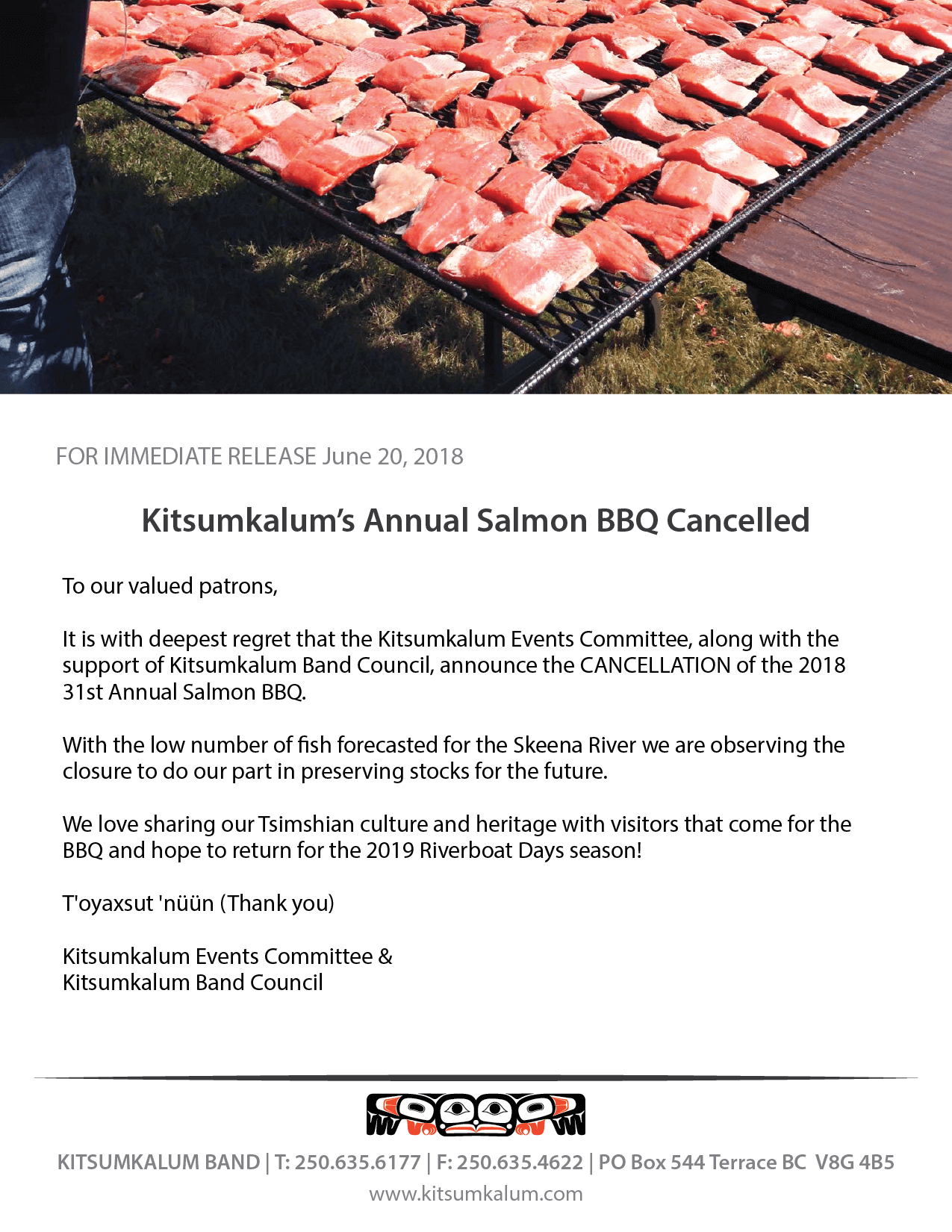 Kitsumkalum’s Annual Salmon BBQ Cancelled