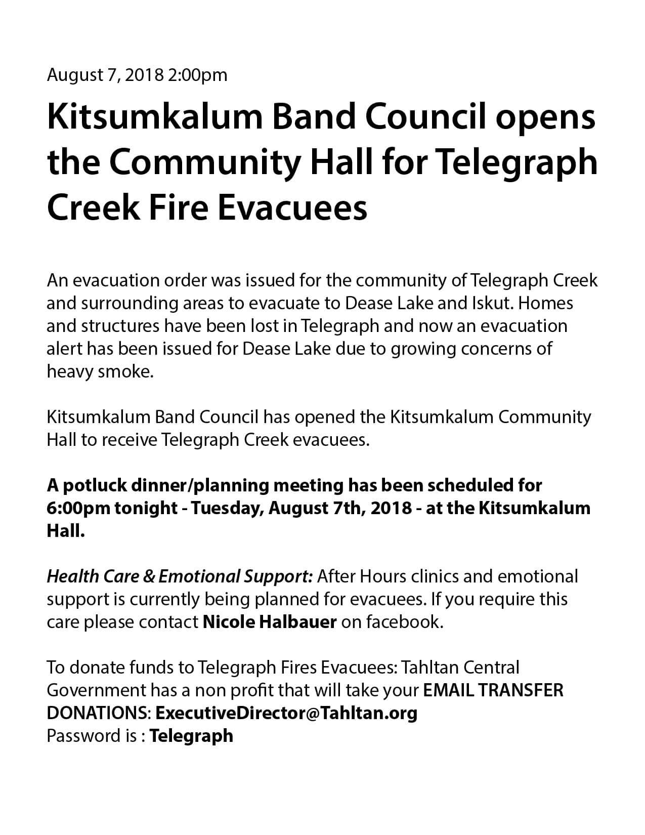 Kitsumkalum Hall Open for Telegraph Creek Fire Evacuees
