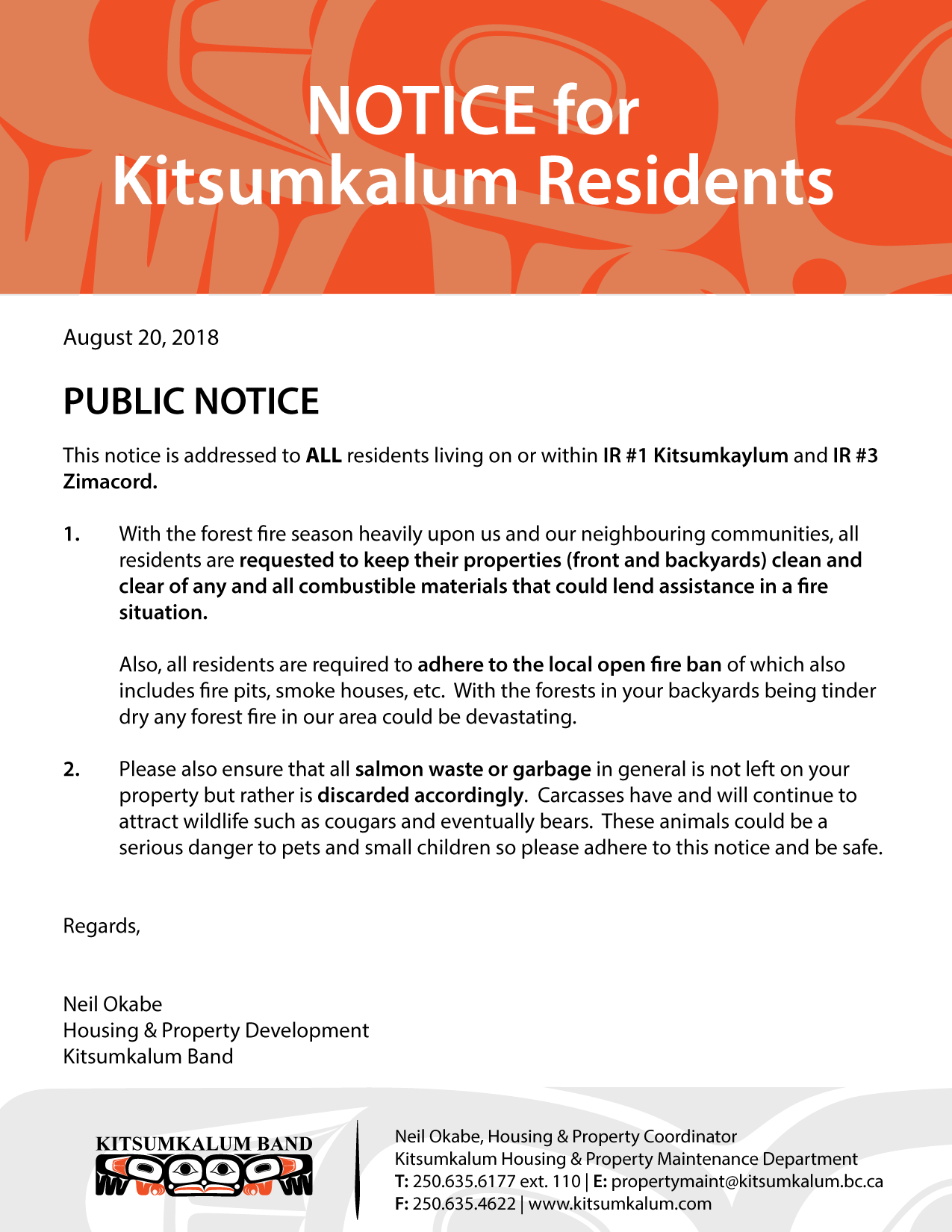 NOTICE for Kitsumkalum Residents August 20