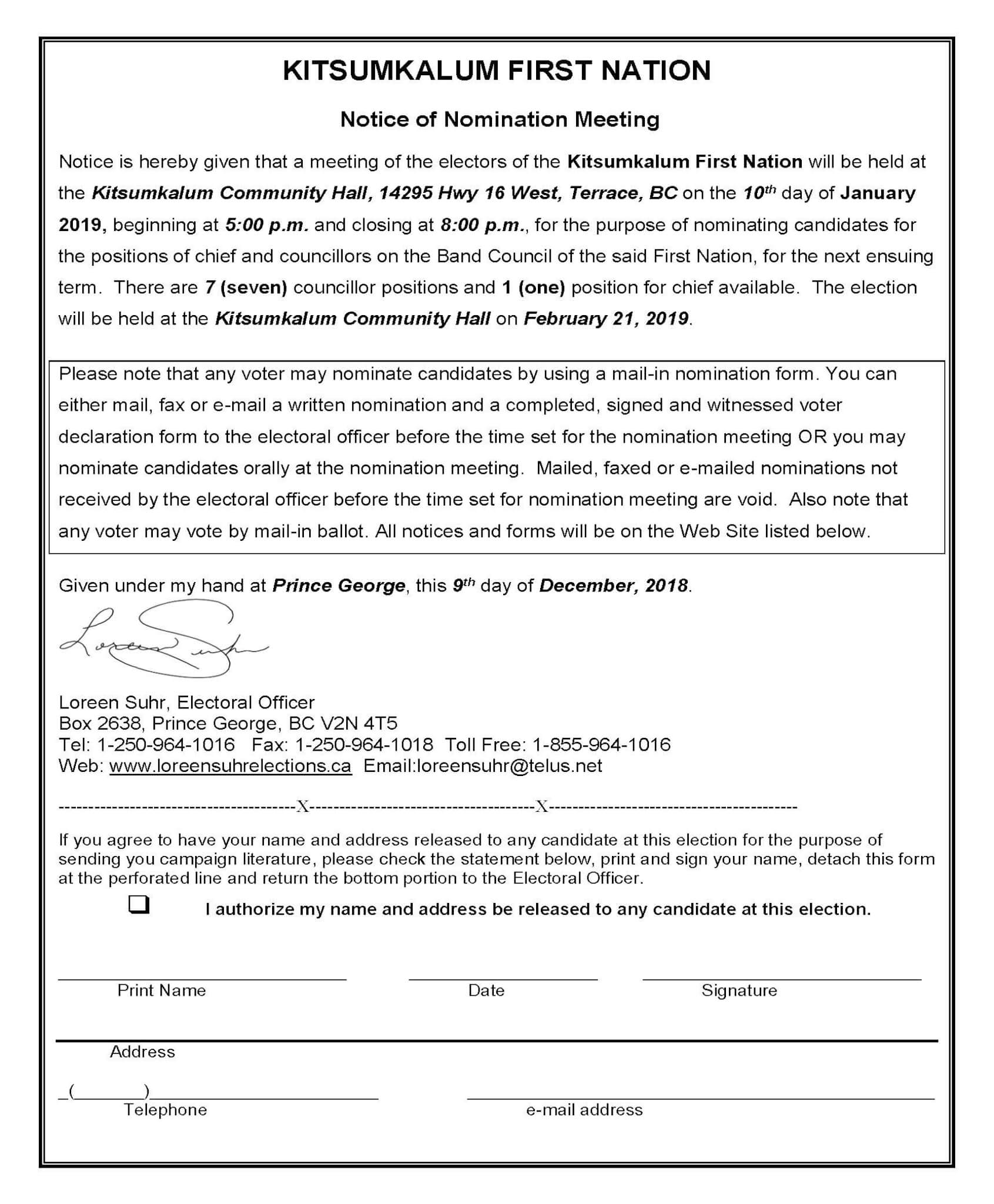 Nomination Meeting for Kitsumkalum Chief and Council