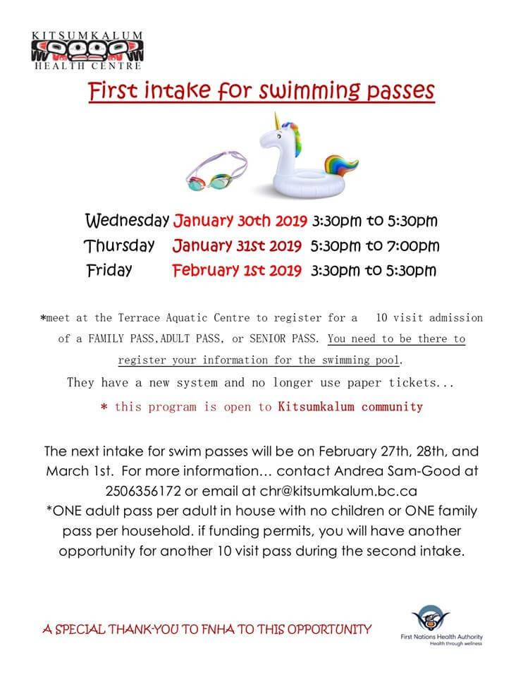 First Intake for Swimming Passes: Jan. 30, 31 and Feb. 1, 2019