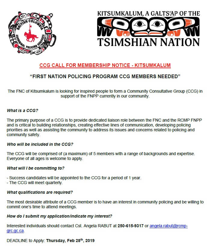 Call for CCG Members for First Nation Policing Program Kitsumkalum