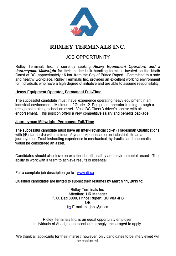 RIDLEY TERMINALS INC.  JOB OPPORTUNITY