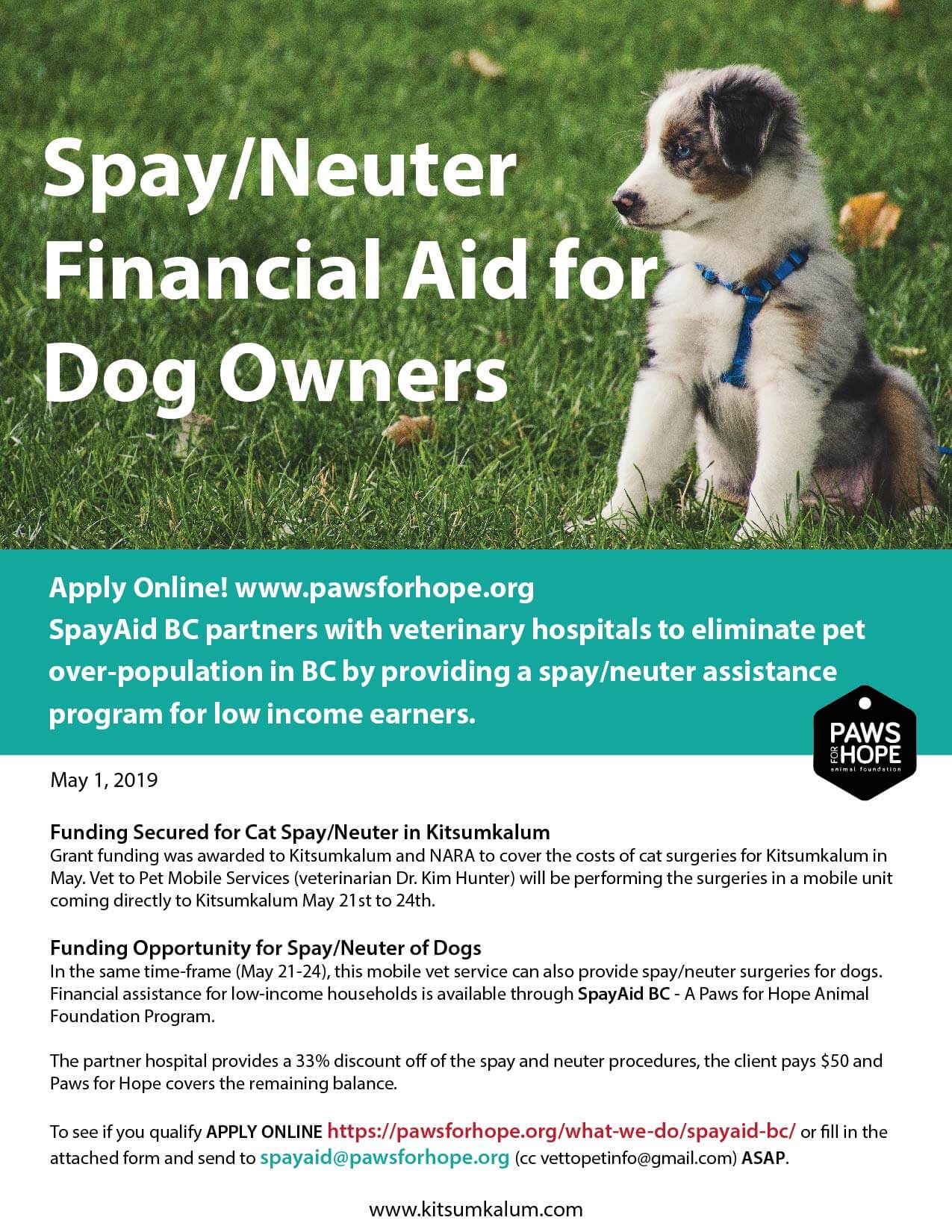 Spay and Neuter Financial Aid for Dog Owners - Kitsumkalum, a Galts'ap  (community) of the Tsimshian Nation
