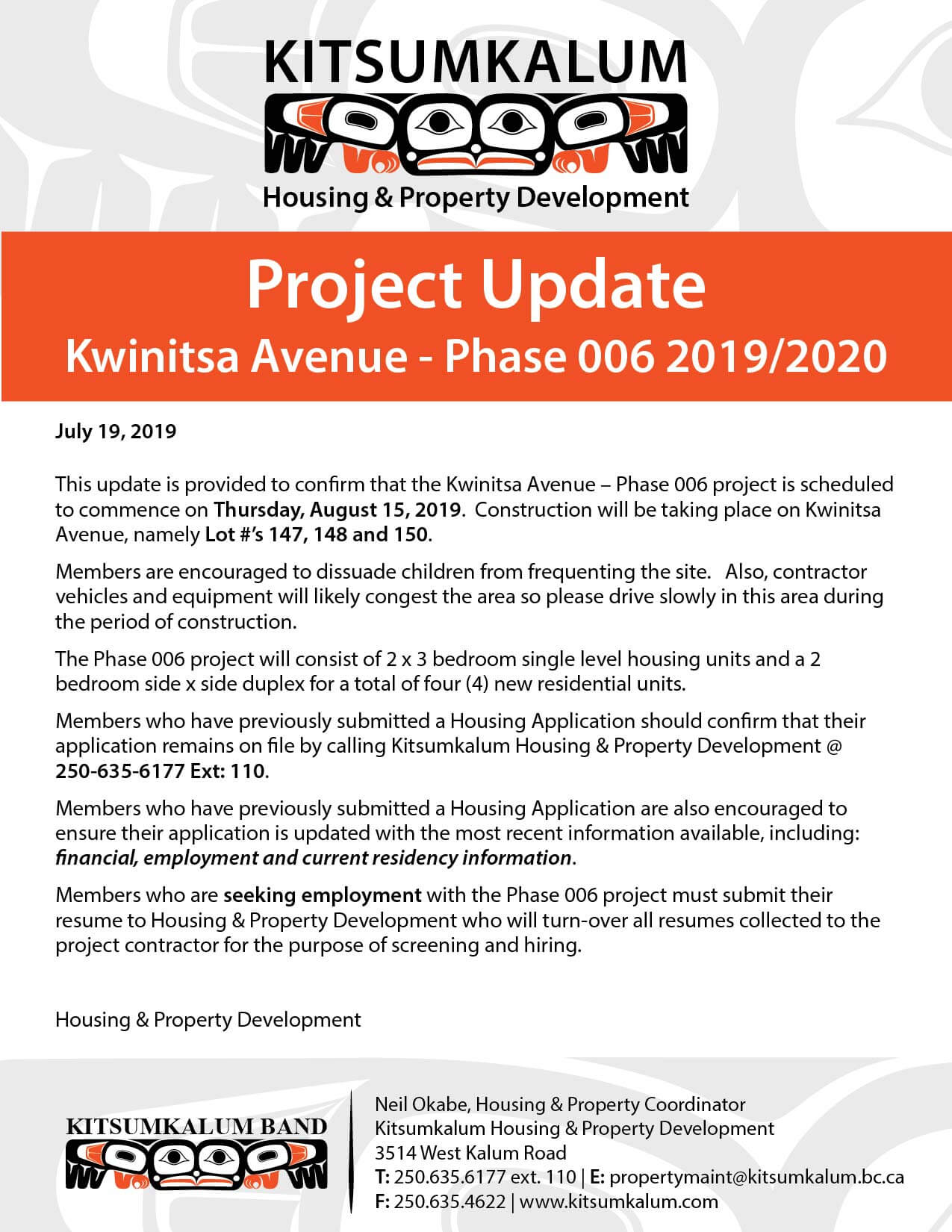 Kwinitsa Avenue Housing Project Update JULY 2019