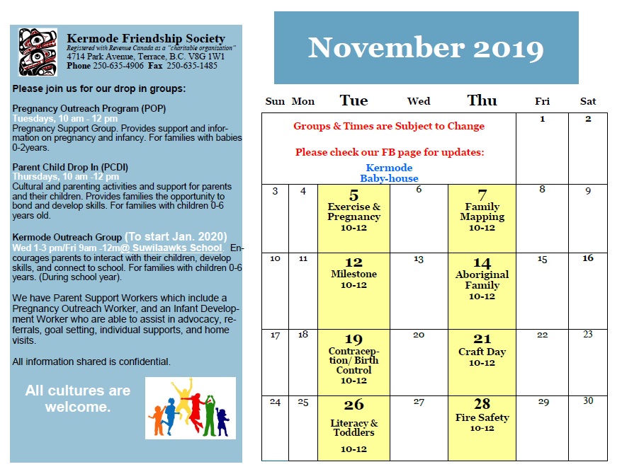 Kermode Friendship Society Outreach Program Calendar November 2019