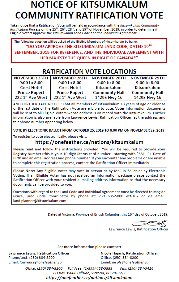 NOTICE OF KITSUMKALUM COMMUNITY RATIFICATION VOTE – LAND CODE