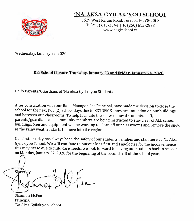 Kitsumkalum School Closure: January 23 & 24, 2020