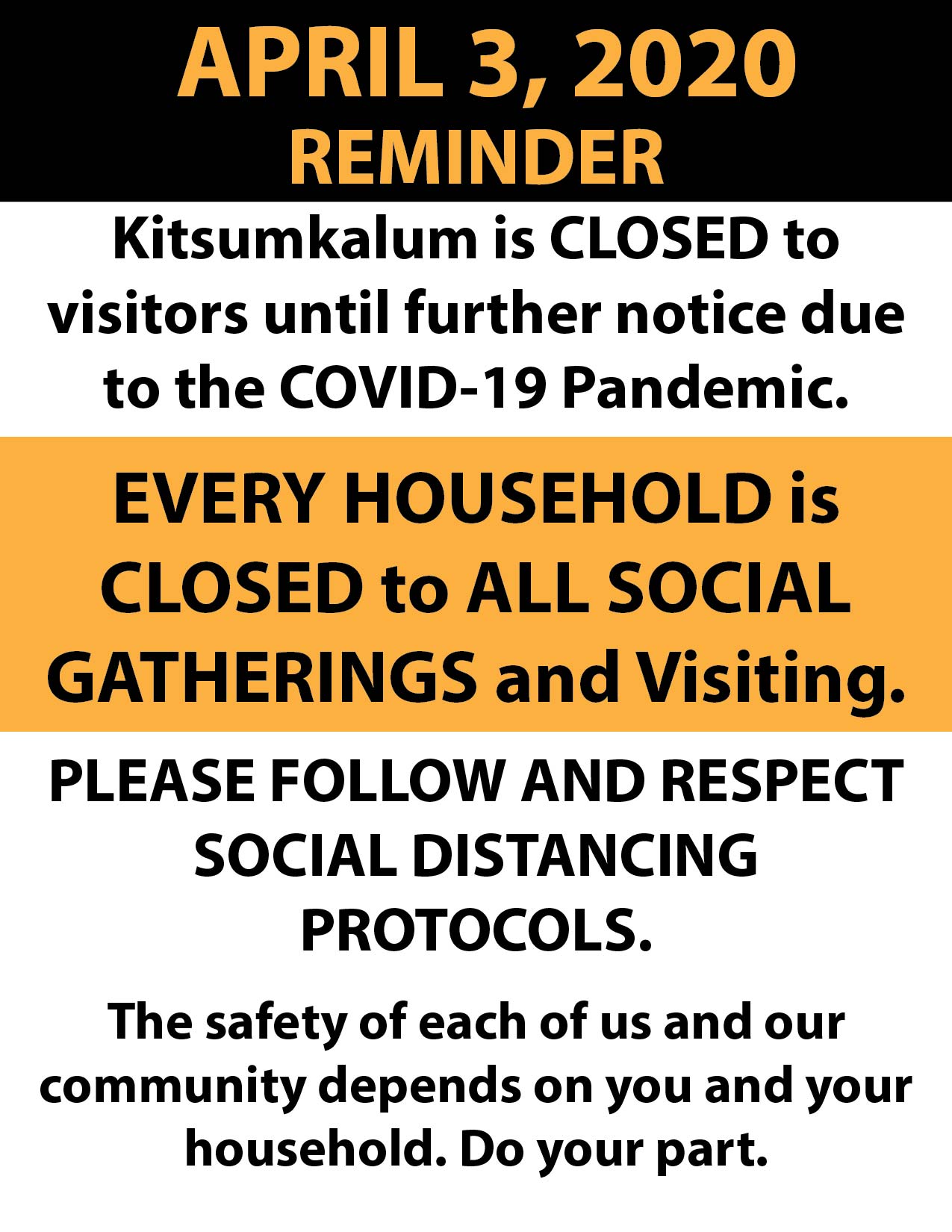 Reminder – Kitsumkalum is CLOSED to ALL VISITORS