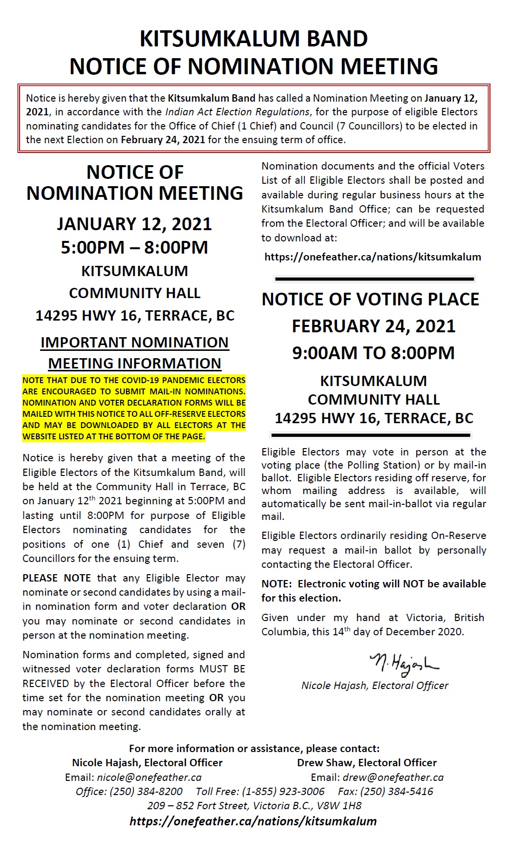 Kitsumkalum Band Notice of Nomination Meeting