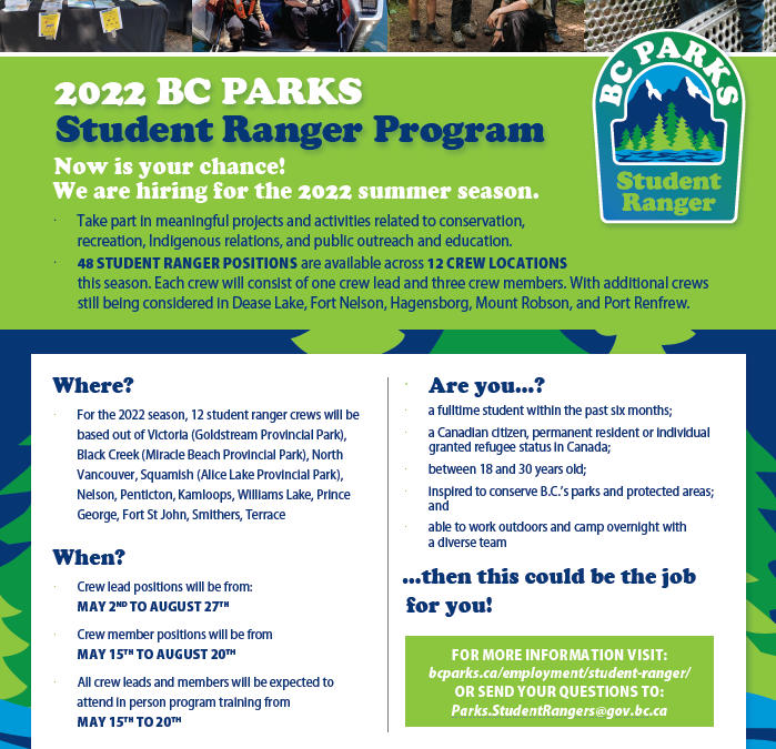 Youth Ages 18-30 Training & Employment Opportunity: Park Rangers – Across BC!