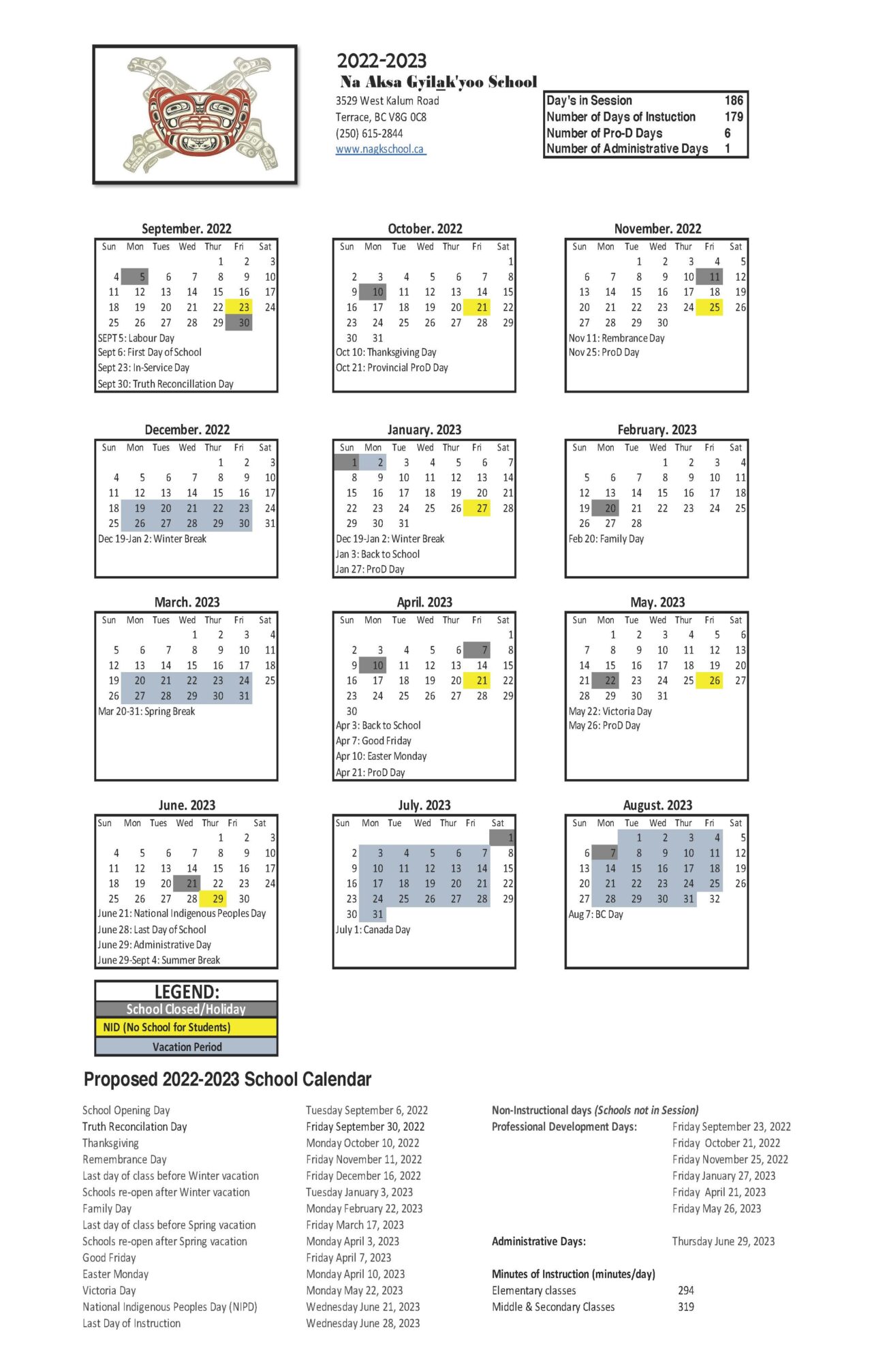 2022-2023 NAGK School Calendar - Kitsumkalum, a Galts’ap (community) of